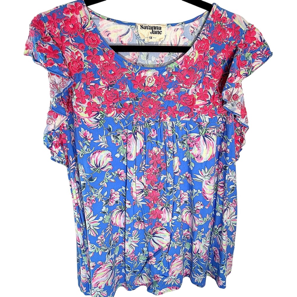 Savanna Jane Blue Floral Embroidered Flutter Sleeve Boho Blouse 1X PT11763